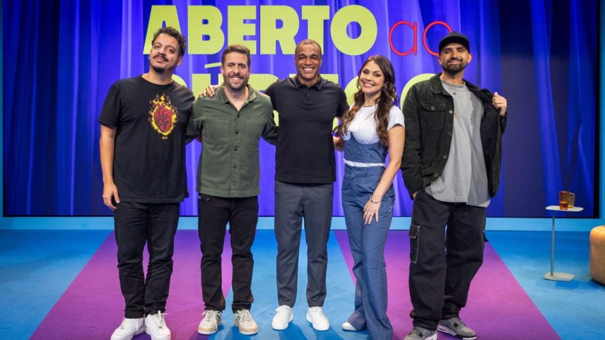 Rodrigo Marques, Maurício Meirelles, Denilson, Bruna Louise e Thiago Ventura em 'Aberto ao público' (Foto: Globo/ Daniela Toviansky)
