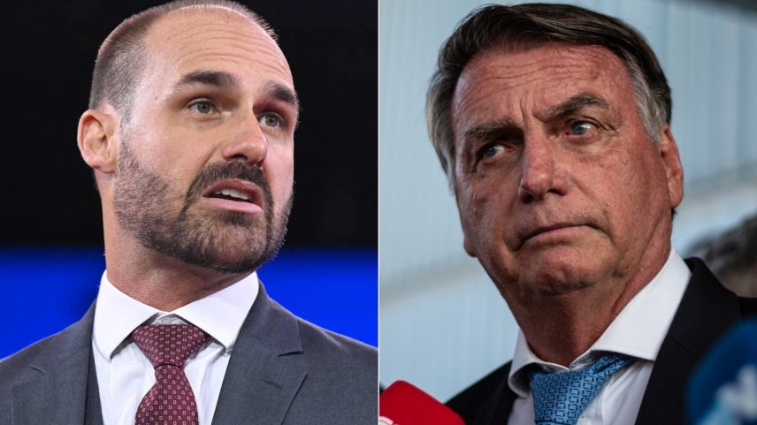 Deputado federal licenciado Eduardo Bolsonaro (PL-SP) e seu pai, o ex-presidente Jair Bolsonaro (Foto: Saul Loeb/AFP e Brenno Carvalho/O Globo)