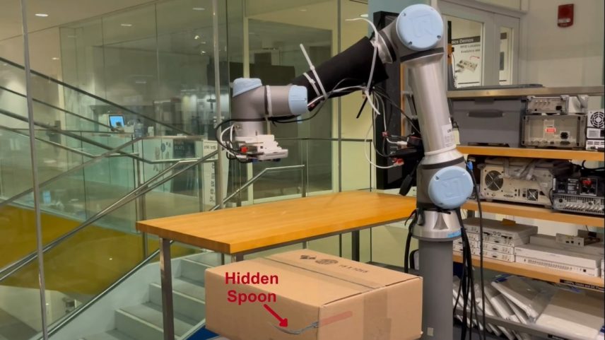 Os pesquisadores criaram um protótipo do mmNorm acoplando um radar a um braço robótico, que realiza medições contínuas enquanto se move ao redor de um objeto oculto (Foto: Reprodução/YouTube (MIT Signal Kinetics Lab)).