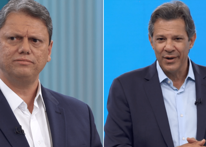 Tarcísio de Freitas (Republicanos) e Fernando Haddad (PT), candidatos ao governo de São Paulo, participam do debate da TV Globo (Foto: Reprodução/TV Globo)