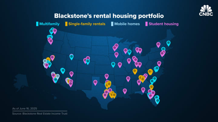 Um mapa exibe as localizações aproximadas dos ativos de habitação para aluguel do Blackstone Real Estate Income Trust nos EUA, em 16 de junho de 2025. (Foto: Reprodução)