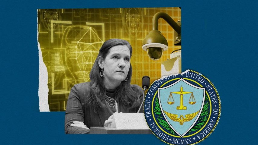 Collage mostra reconhecimento facial de IA, o logo da FTC e a comissária da FTC, Rebecca Kelly Slaughter - Ilustração fotográfica de Sarah Rogers/MITTR | Fotos Getty, AP, Wikimedia Commons (Foto: Sarah Rogers/MITTR | Fotos Getty, AP, Wikimedia Commons)