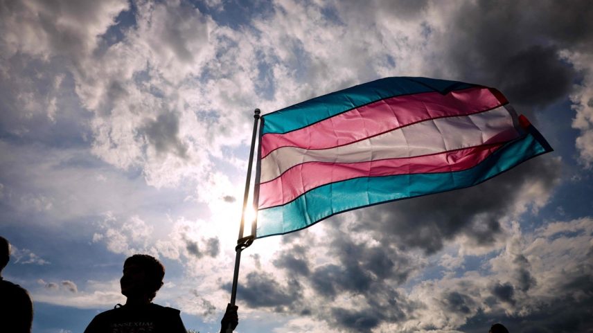 Uma ativista dos direitos transgêneros segura uma bandeira durante o protesto do Dia da Visibilidade Trans no National Mall, em 31 de março de 2025, na cidade de Washington. (Foto: AFP)