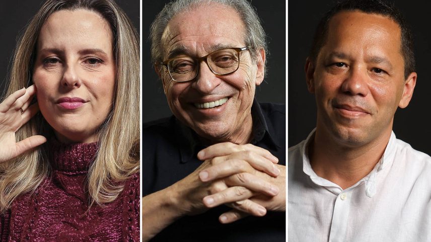 Os escritores Tati Bernardi, Ruy Castro e Itamar Vieira Junior, que ensinam a escrever na CasaFolha (Foto: Julia Maria Porfirio e Zanone Fraissat/Folhapress)