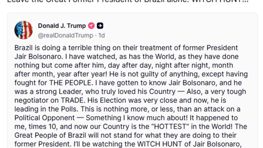 Trump volta a defender Bolsonaro nas redes sociais: 'Caça às bruxas' (Foto: Reprodução/Truth Social)