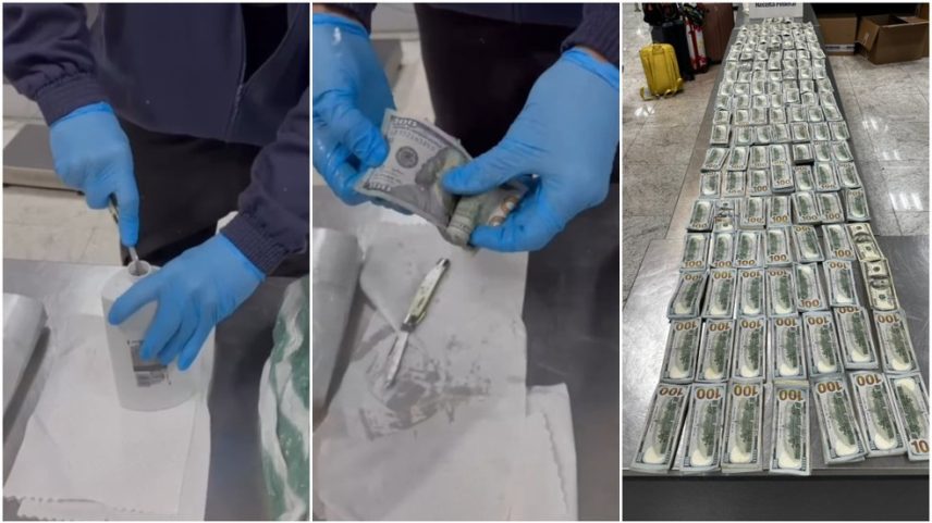 Mais de 200 mil dólares são achados dentro de frascos de xampu em bagagem (Foto: Divulgação/Receita Federal)