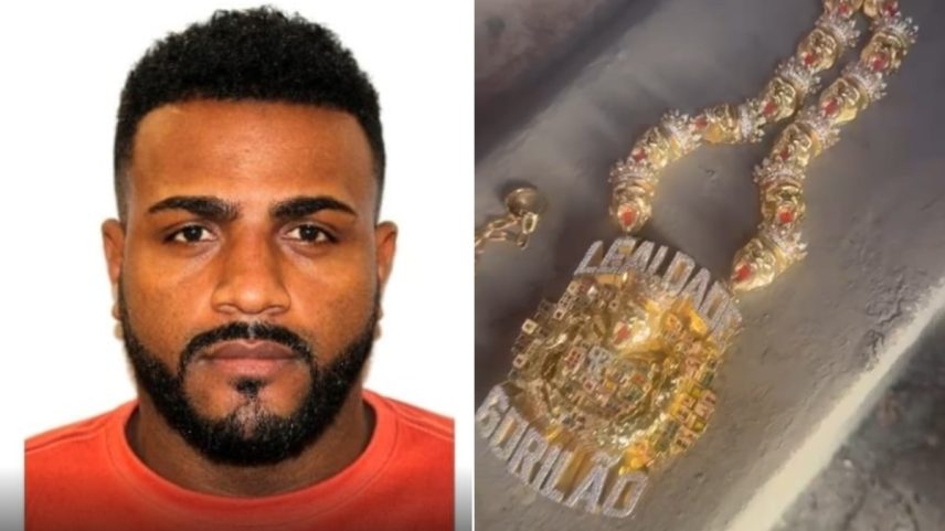 Carlos Eduardo Santos da Silva, o Gorila ou 2D, e o colar encontrado com ele (Foto: Reprodução)
