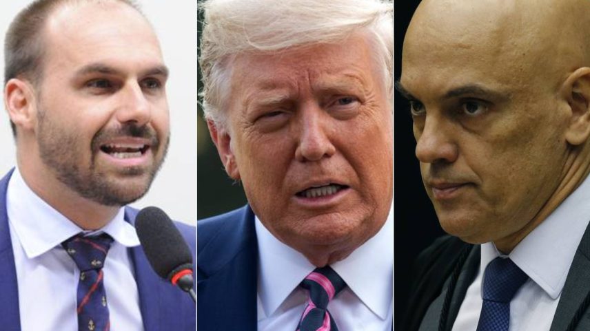 Eduardo Bolsonaro (à esquerda) cobra do governo de Donald Trump (centro) sanções contra o ministro do STF Alexandre de Moraes (à direita) (Foto: Gilmar Felix/Agência O Globo; Saul Loeb/AFP e Jorge William/Agência O Globo)