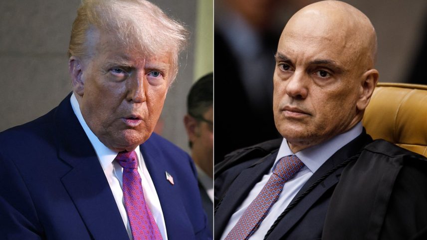 O presidente dos Estados Unidos, Donald Trump, e o ministro do Supremo Tribunal Federal (STF) brasileiro Alexandre de Moraes (Foto: Fotos de Tasos Katopodis/Getty Images via AFP e Brenno Carvalho/O Globo)