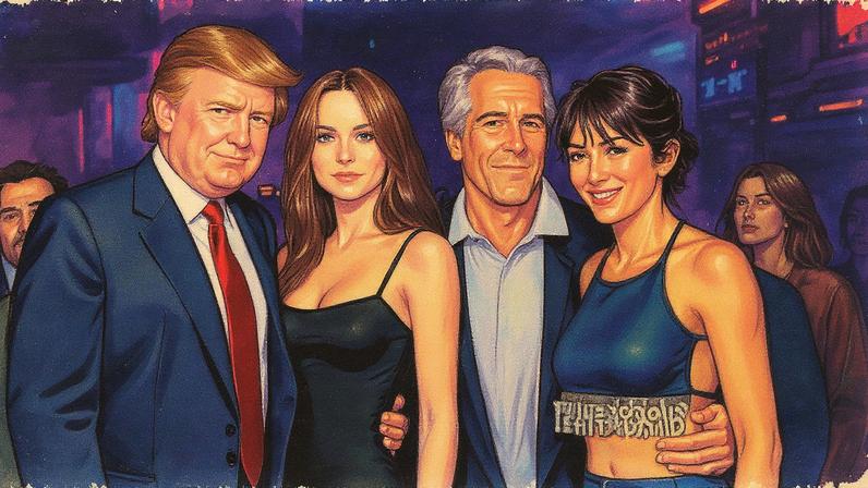 Donald e Melania Trump, de festa junto a Epstein e Maxwell. (Foto: Reprodução)