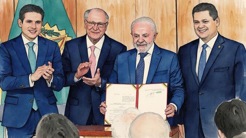 O presidente da Câmara, Hugo Motta, o vice-presidente e ministro da Indústria, Geraldo Alckmin, o presidente Lula e o presidente do Senado, Davi Alcolumbre durante anúncio da MP que socorre empresas atingidas pelo tarifaço dos EUA - 13/08/2025 (Foto: EVARISTO SA/AFP)