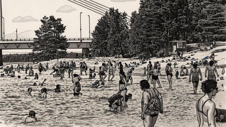 Praia de rio em Rovaniemi, a capital da Lapônia, atrai banhistas durante extensa onda de calor que atingiu Finlândia, Suécia e Noruega - Jouni Porsanger - 23.jul.25/AFP