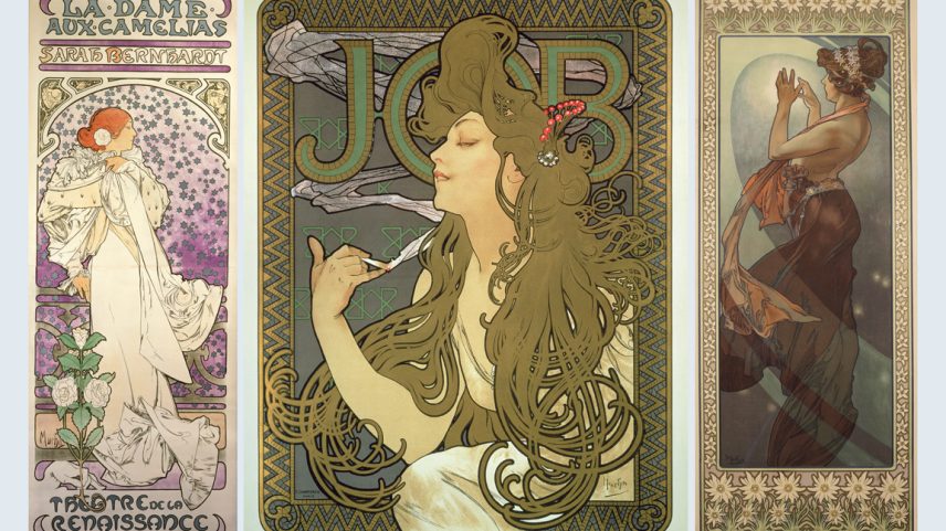 Obras de Alphonse Mucha. Da esquerda para a direita: La Dame aux Camélias, 1896; JOB, 1896; e A Lua e as Estrelas: Estrela Polar, 1902. ©Mucha Trust.