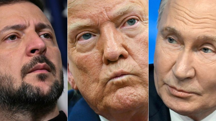 Presidentes Volodymyr Zelensky, da Ucrânia, Donald Trump, dos EUA, e Vladimir Putin, da Rússia — Foto: AFP