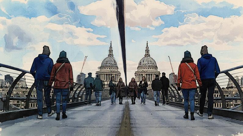 Pessoas caminham na Millennium Bridge com a Catedral de St. Paul ao fundo, no centro de Londres, em 15 de novembro de 2024. (Foto: Henry Nicholls | Afp | Getty Images)