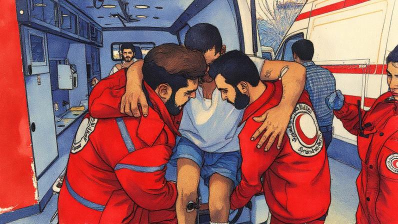 Trabalhadores da Crescente Vermelha carregam um homem ferido para fora da base aérea russa em Hmeimim, perto de Latakia, na região costeira da Síria, em 11 de março de 2025, enquanto evacuam membros feridos da seita alauíta que buscaram refúgio lá após recentes violências e assassinatos de vingança. (Foto: AP Photo/Omar Albam, File)