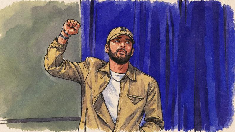 Eminem em um mitin democrata que compartilhou com Barack Obama no dia 22 de outubro de 2024 em Detroit. (Foto: Andrew Roth/Sipa USA / Cordon Press)
