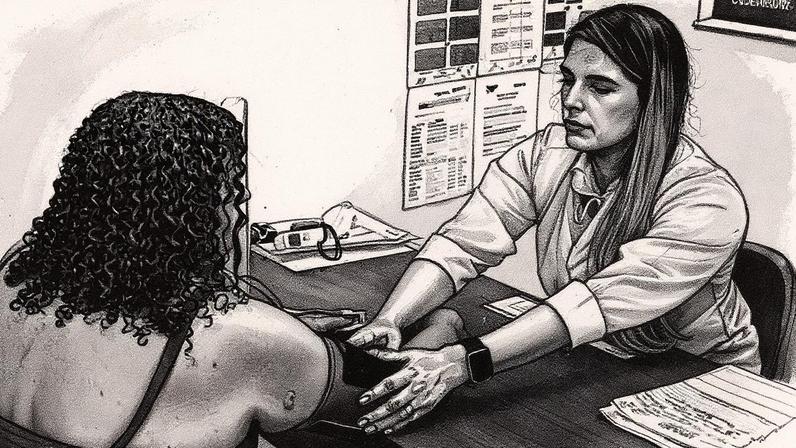 Paciente com hipertensão é atendida em UPA de Dias D'Ávila, na Bahia; em pesquisa, aplicação de laser mostrou potencial no combate à hipertensão provocada pela menopausa (Foto: Rafaela Araújo - 29.set.23/Folhapress)