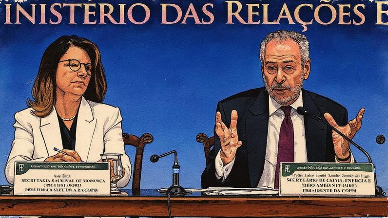 A CEO da COP, Ana Toni (esq.), e o presidente da conferência, André Corrêa do Lago, em evento no Itamaraty (Foto: Evaristo Sa - 10.mar.25/AFP)
