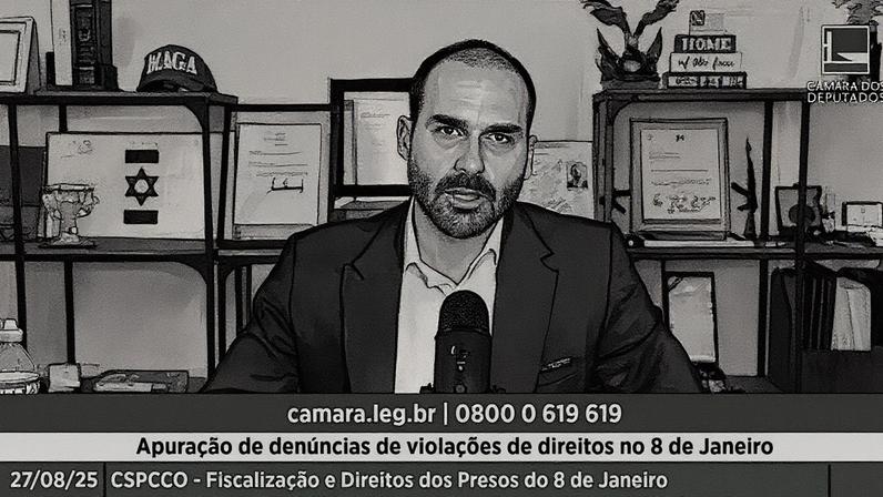 Deputado Eduardo Bolsonaro participa de audiência na Câmara remotamente, enquanto está nos Estados Unidos (Foto: Reprodução)