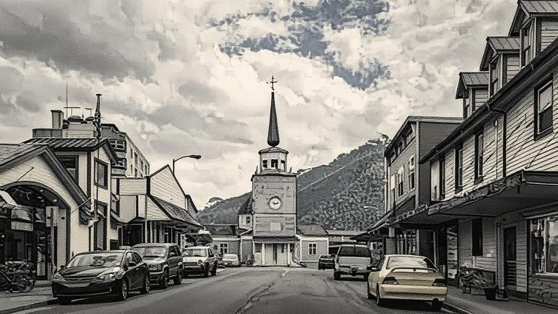 Centro histórico de Sitka (Alasca). Ao fundo, a catedral ultraortodoxa de San Miguel. (Foto: Reprodução)