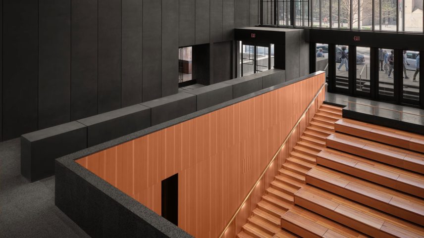 Vista interior do novo edifício do Studio Museum em Harlem, apresentando o Stoop e o Lobby. ©Dror Baldinger FAIA/Courtesy Studio Museum in Harlem