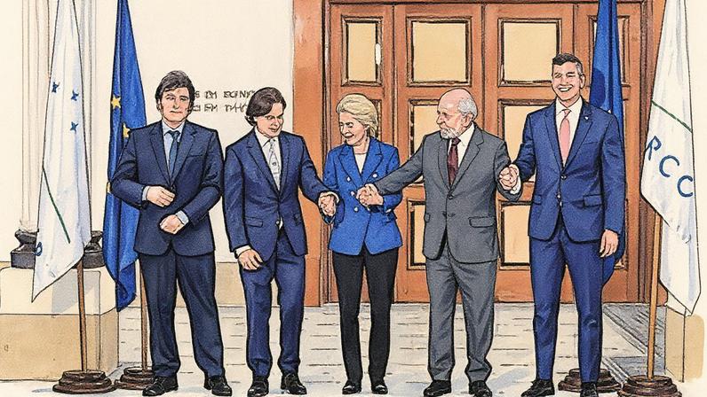Os presidentes dos quatro países que integram o Mercosul, com a presidenta da Comissão Europeia, Ursula Von der Leyen. (Foto: Reprodução)