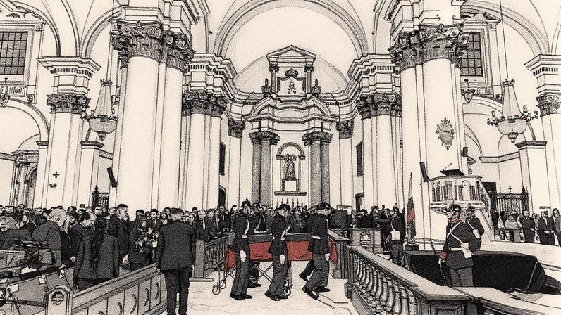 Membros da Guarda Presidencial escoltam o caixão com o corpo de Miguel Uribe na Catedral Primada, em Bogotá, na Colômbia (Foto: Luis Acosta - 13.ago.25/AFP)
