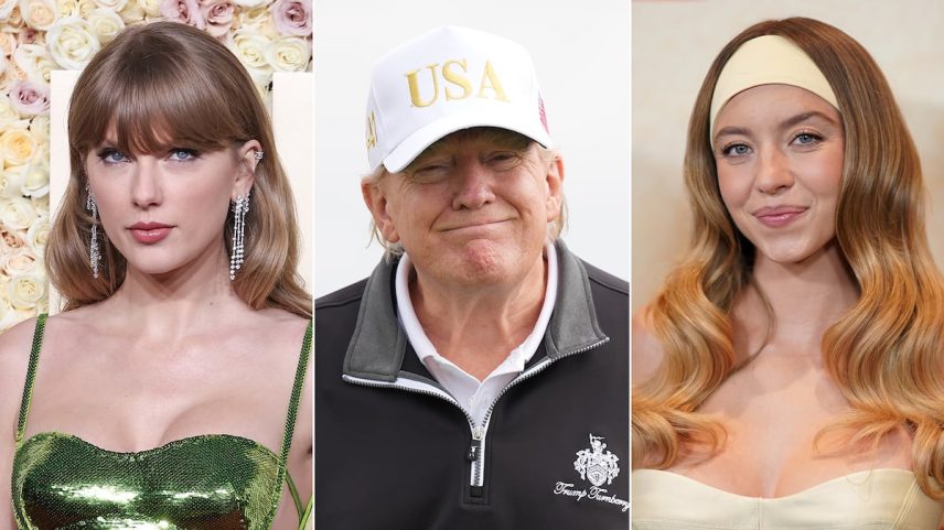 A cantora Taylor Swift, o presidente dos Estados Unidos Donald Trump e a atriz Sydney Sweeney. (Foto: GETTY)