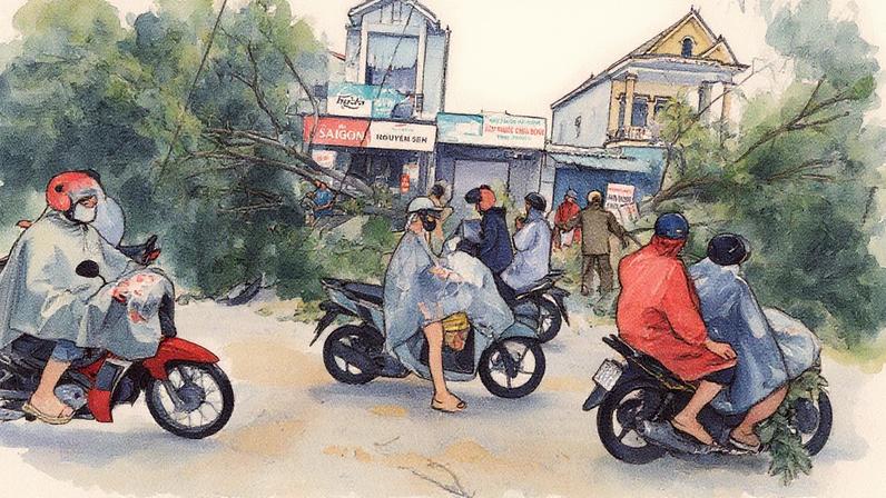 Várias pessoas circulam em moto este terça-feira na cidade vietnamita de Vinh, com árvores caídas após o passo do tifão. (Foto: LUONG THAI LINH - EFE)