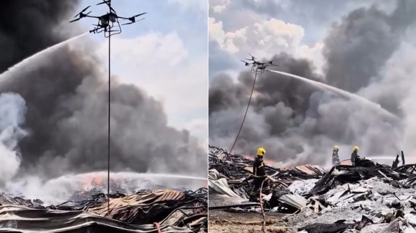 Drones auxiliando corpo de bombeiros a conter as chamas (Foto: Reprodução)