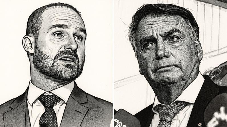 Deputado federal licenciado Eduardo Bolsonaro (PL-SP) e seu pai, o ex-presidente Jair Bolsonaro — Foto: Fotos de Saul Loeb/AFP e Brenno Carvalho/O Globo