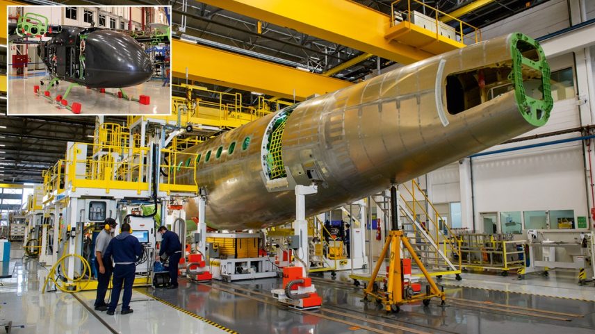 Montagem na Embraer e protótipo do carro voador: a empresa nasceu de uma escola de engenharia (Foto: Claudio Capucho/Embraer; EVE/.)
