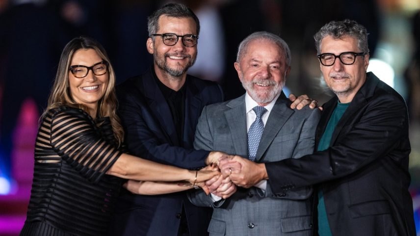 Primeira-dama, Janja, Wagner Moura, presidente Lula e o diretor de 'O Agente Secreto' Kleber Mendonca Filho — Foto: Brenno Carvalho