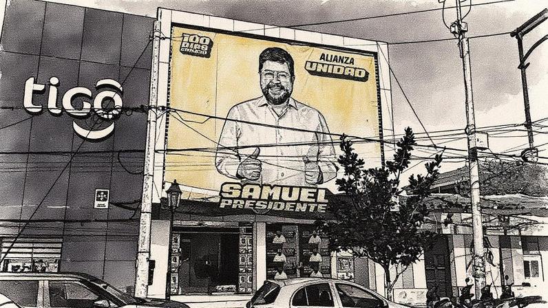 Comitê de campanha do candidato Samuel Medina em Tarija, na Bolívia, empresário dono da rede de lanchonetes Burger King é o favorito segundo as pesquisas (Foto: Douglas Gavras - 12.ago.25/Folhapress)