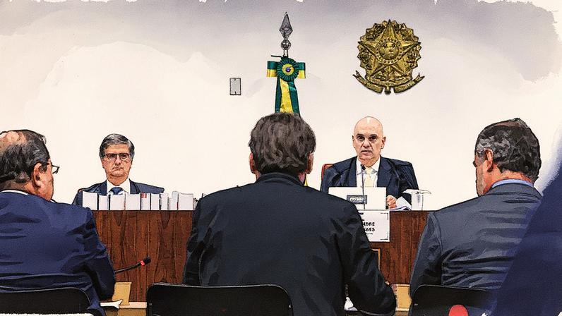 Ministro Alexandre de Moraes e o procurador-geral Paulo Gonet em audiência da Primeira Turma do STF sobre a ação penal da trama golpista (Foto: Antonio Augusto/STF)