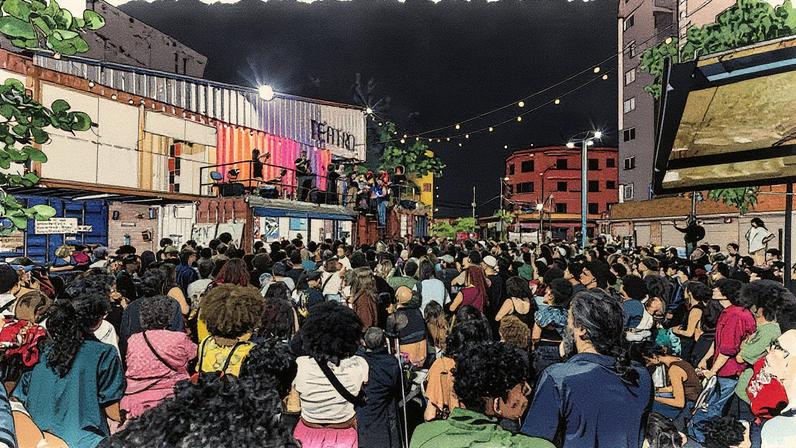 Atores e apoiadores do Teatro de Contêiner durante show de Diego Estevam, que toca jazz contemporâneo, em protesto contra a desapropriação do espaço (Foto: Adriano Vizoni/Folhapress)