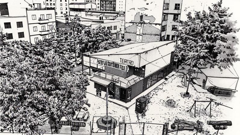 Teatro de contêiner, que recebeu ordem de despejo do local em que ocupa para a construção de um prédio de moradia popular (Foto: Danilo Verpa - 11-mai-2025/Folhapress)