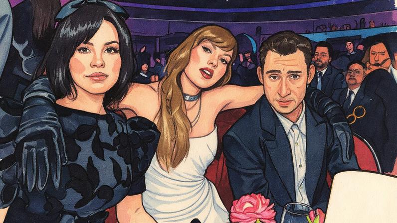 Lana Del Rey, Taylor Swift e Jack Antonoff posam juntos na 66ª edição dos prêmios Grammy, realizada em 4 de fevereiro de 2024 (Foto: Reprodução)