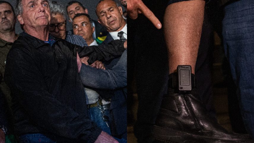 Jair Bolsonaro mostra a tornozeleira eletrônica (Foto: Bloomberg/Getty Images)