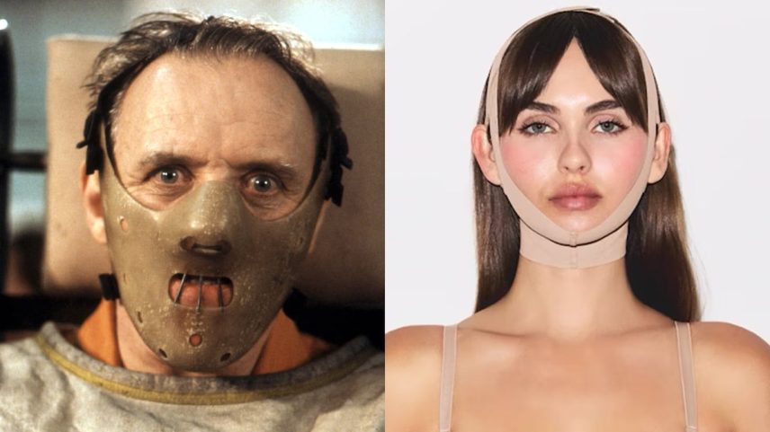 Anthony Hopkins em 'O silêncio dos inocentes', e a nova 'face wrap' da Skims. (Foto: IMDB / SKIMS)