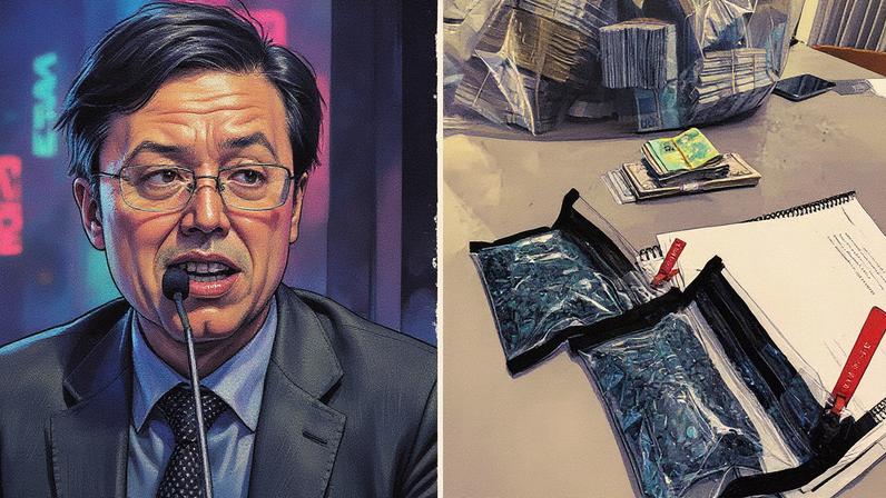 Auditor fiscal Artur Gomes da Silva Neto e sacos de esmeralda que foram apreendidos durante a Operação Ícaro (Foto: Reprodução/Divulgação-MPSP)