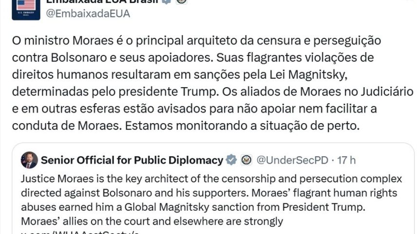 Nota divulgada pela Embaixada dos EUA (Foto: Reprodução de rede social)