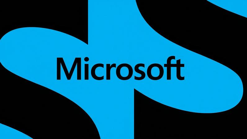 Microsoft logo on black and blue background.