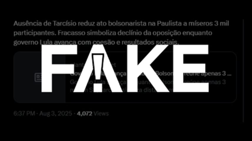 É #FAKE que ato a favor de Bolsonaro em São Paulo tenha reunido 3 mil participantes no domingo (Foto: Reprodução)