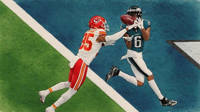 Recebedor do Philadelphia Eagles, DeVonta Smith (6) marca um touchdown durante o Super Bowl LIX entre o Philadelphia Eagles e o Kansas City Chiefs em 9 de fevereiro de 2025, no Superdome em Nova Orleans, LA. (Foto: Icon Sportswire | Icon Sportswire | Getty Images)