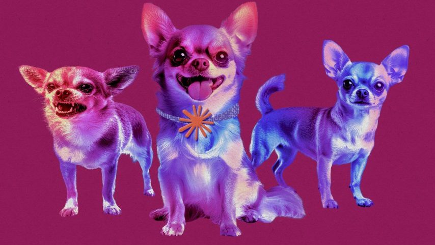 Um chihuahua agressivo, um chihuahua feliz e um chihuahua com uma expressão ligeiramente medrosa. O cachorro feliz está usando uma coleira com o logotipo da Anthropic. (Foto: Stephanie Arnett/MIT Technology Review | Adobe Stock)