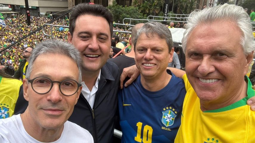 Romeu Zema, Ratinho Júnior, Tarcísio de Freitas e Ronaldo Caiado em evento na Paulista, em abril. (Foto: @RomeuZema via X)