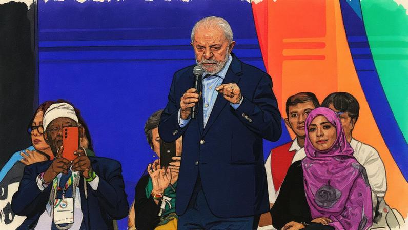 O presidente Luiz Inácio Lula da Silva discursa no encerramento do G20 Social (Foto: Daniel Ramalho/AFP)