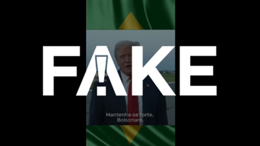 É #FAKE vídeo em que Trump diz “força, Bolsonaro” e se solidariza com brasileiros; trata-se de inteligência artificial (Foto: Reprodução)